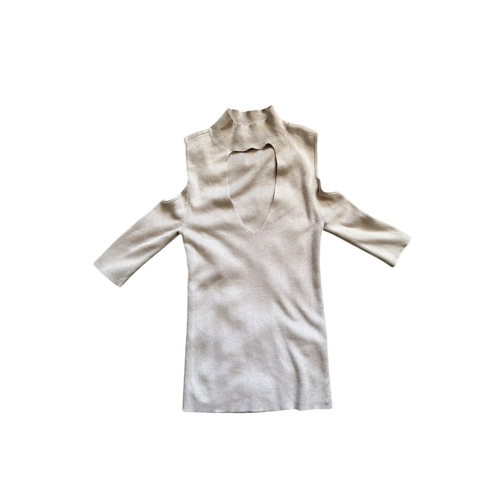 Express Beige Cold Shoulder Mock‎ Neck Cutout Top Women's S Knit
